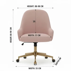 Diagram showing the height, width, and depth measurements in cm for the pink velvet office chair.