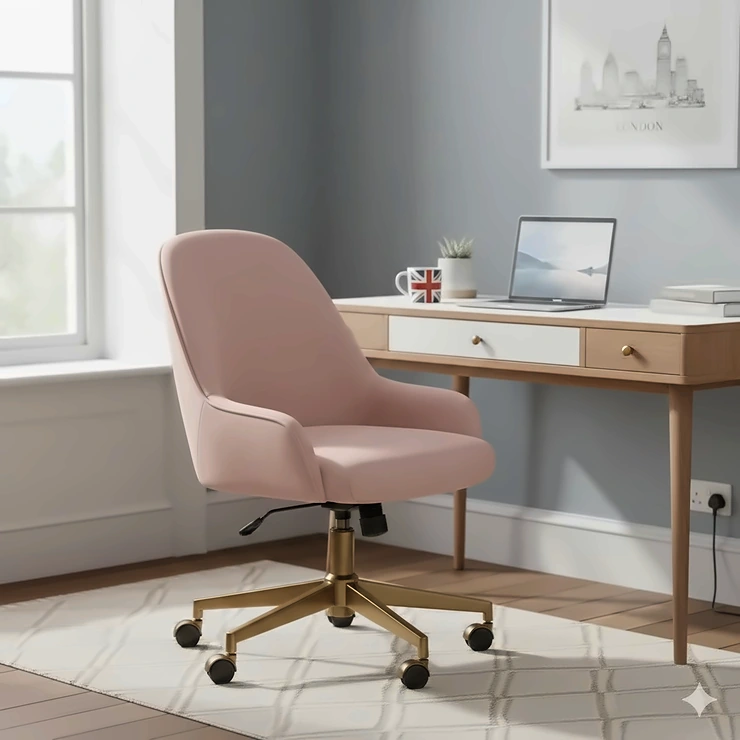 Luxurious blush pink velvet office chair with brushed gold legs styled in a modern home office. velvet office chair pink with gold legs