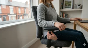 Diagram of a shallow seat pan showing the correct gap between the chair edge and the back of the knees for a shorter person.