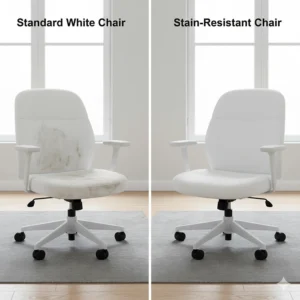 A split-screen comparison showing a standard chair versus a white office chair that doesn't get dirty easily.