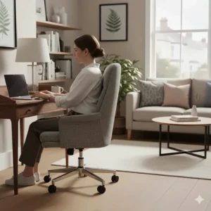 A grey stain-resistant task chair styled in a multi-use living space, blending office functionality with home aesthetics.