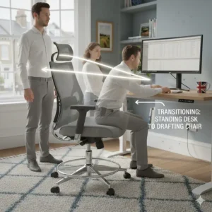 An illustration of a person easily transitioning from standing to a seated position using a tall draughtsman-style chair.