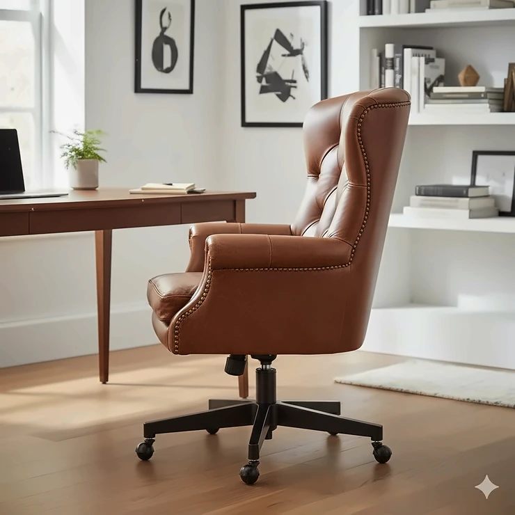 Side profile of a vintage-style brown leather swivel chair showing the ergonomic curve of the backrest and polished black base. brown leather office chair vintage style