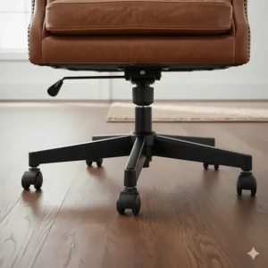 Five-star swivel base with hooded castors on a dark wood floor, suitable for a traditional UK office setting.