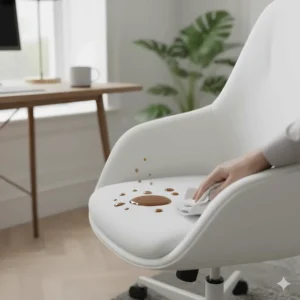A close-up of a coffee spill beading on the surface of a stain-resistant white office chair fabric.