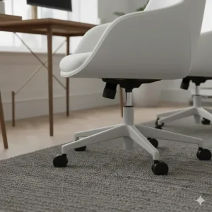 Polished chrome base and castors of a white office chair, suitable for UK hardwood or laminate flooring.