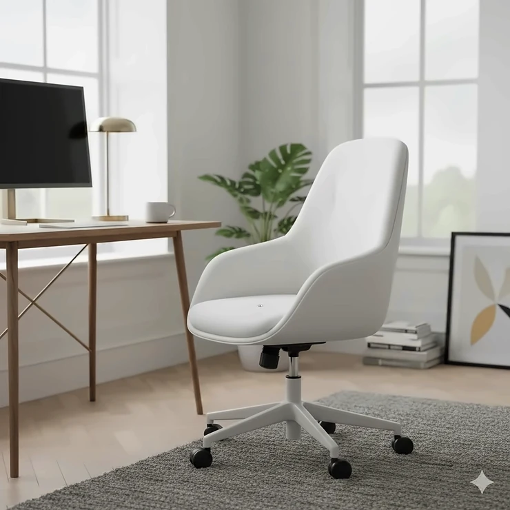 A stylish white office chair that doesn't get dirty easily, positioned at a minimalist wooden desk in a bright UK home office. white office chair that doesn't get dirty easily