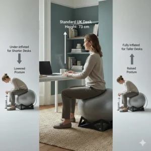 Diagram showing how to adjust ball inflation to suit a standard 73 cm UK desk height.