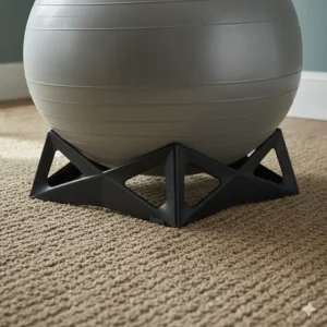 Close-up of a reinforced non-slip stability base preventing a yoga ball from rolling on an office carpet.