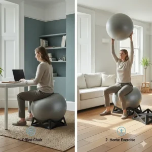 Lifestyle split-screen showing the product used as an ergonomic office chair and then for home exercise in a lounge.