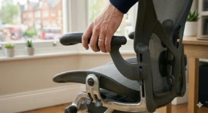 Demonstration of 4D adjustable armrests on a budget-friendly ergonomic office chair available for the UK market.