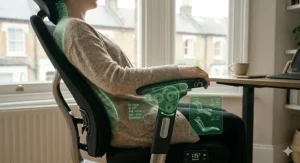 Close-up of 4D adjustable armrests on a gaming chair, showing height and width customisation to prevent shoulder and mid-back strain.