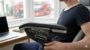 Multi-directional 4D armrests on an office chair, allowing for bespoke positioning to reduce strain on wrists and elbows.