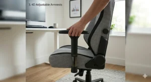 A close-up view of a 4D adjustable armrest on a grey fabric gaming chair, with a hand demonstrating its multi-directional movement capabilities.