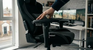 Close-up illustration of the 4D adjustable armrests on a gaming chair, with overlaid text and arrows explaining the height, rotate, and forward/back sliding functions for personalised support.