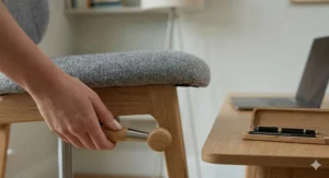 A hand adjusting the height lever of a grey fabric ergonomic office chair in a minimalist interior.