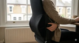 Close-up illustration of an adjustable lumbar support system on a gaming chair designed to maintain the natural curve of the spine.