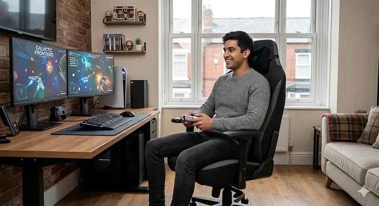 A professional ergonomic gaming chair in a modern UK home office setup with a multi-monitor display and soft ambient lighting. best gaming chair