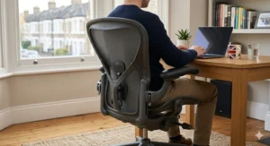 A high-quality mesh office chair offering similar ergonomic benefits to the Aeron at a lower price point, pictured in a London home office.
