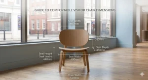 An informative diagram illustrating the seat height, depth, and width dimensions of a comfortable wooden visitor chair for UK office spaces.