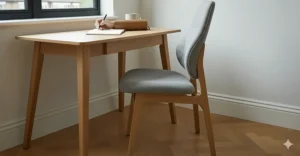 A person working at a compact desk in a home office, showcasing the ergonomic design of the grey fabric chair.