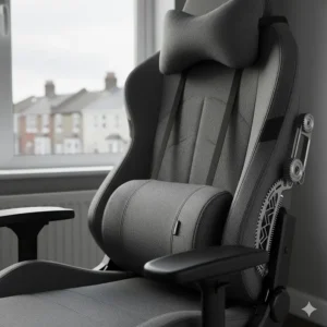 A compact, foldable gaming chair tucked neatly under a desk in a typical British terraced house bedroom.