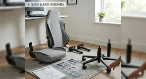 A photorealistic technical illustration showing the components of a fabric gaming chair laid out for quick and easy assembly, including an assembly guide and tools.