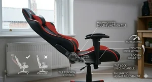 A photorealistic exploded guide photograph for an affordable gaming chair, showing components like the seat base and gas lift with English labels.