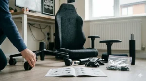 Components and instruction manual laid out on a floor for easy home assembly of a budget gaming chair.
