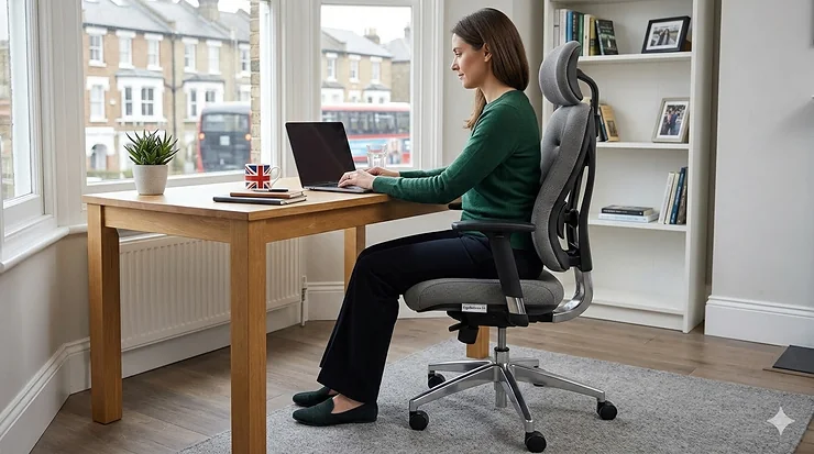 A high-quality orthopaedic ergonomic chair designed for fibromyalgia sufferers, featuring adjustable lumbar support and soft cushioning for chronic pain relief in a British home office. ergonomic chair for fibromyalgia sufferers