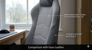 Close-up photorealistic illustration of adjustable lumbar support and headrest cushions on an affordable gaming chair, featuring clear component labels.