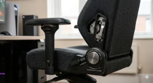 A close-up showing the adjustable lumbar support and neck cushion on a high-back gaming chair.