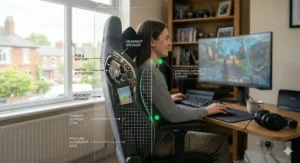 Side view of a gamer sitting with correct posture in a racing-style chair featuring lumbar support and integrated audio.