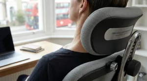 A padded, height-adjustable headrest providing essential neck and shoulder support to reduce tension during long periods of sitting.