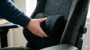 Close-up of an adjustable lumbar support cushion on an affordable gaming chair with textured fabric.