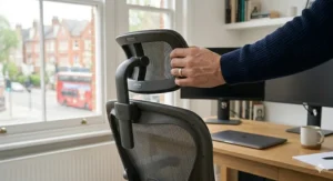 An Aeron-style mesh chair featuring an optional integrated headrest for enhanced neck support in a modern British study.