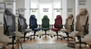 A photorealistic technical illustration presenting five fabric gaming chairs in various colours, including charcoal grey, navy blue, forest green, burgundy red, and sandy beige.