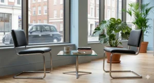 Minimalist visitor chairs with black leather seats and cantilever chrome frames, arranged in a contemporary corporate reception lobby.