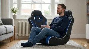 A compact blue and black floor rocker gaming chair, ideal for junior gamers or smaller UK bedrooms.