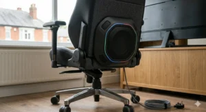 The rear view of an executive gaming chair highlighting the powerful built-in subwoofer for enhanced bass during gameplay.