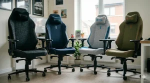 A range of colourways available for a high-quality, budget-friendly gaming chair, showing charcoal, blue, grey, and olive.