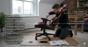 A photorealistic dimension guide showing height, width, and depth measurements of a compact gaming chair, ideal for smaller UK bedrooms.