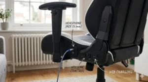 Detail shot of the side control panel on a gaming chair showing the 3.5mm headphone jack and volume dials.