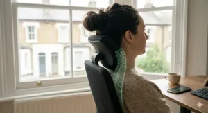 A detailed view of a memory foam headrest and neck pillow on a gaming chair, providing upper back and cervical spine relief.
