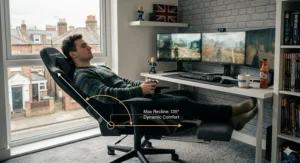 A photorealistic side view of a gamer reclining in a GT-FORCE gaming chair at a 135-degree angle with the footrest extended. Overlaid graphics indicate the max recline and dynamic comfort levels. The background shows a British residential street.