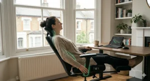 Illustration of a chair reclining to 135 degrees, demonstrating how weight distribution can reduce pressure on the lower back.