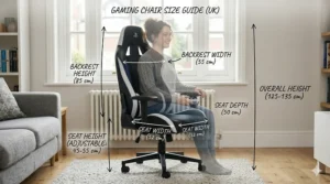 A size guide diagram showing the height and width of a PS5 gaming chair in centimetres.
