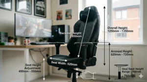 Technical diagram showing height and width measurements for a gaming chair, optimised for standard UK desk heights.