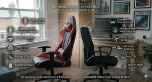 Side profile photorealistic illustration demonstrating the 135-degree recline and tilt tension control function on a sub-£100 gaming seat.