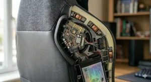 A cutaway diagram showing how the built-in speakers and vibration motors synchronise with in-game sound effects.